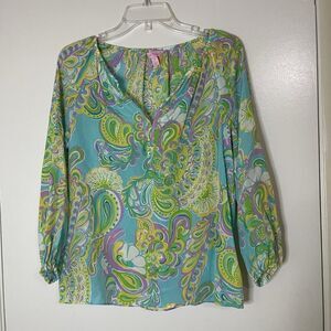 Lilly Pulitzer Sarabeth floral blue green paisley silk blouse top XS